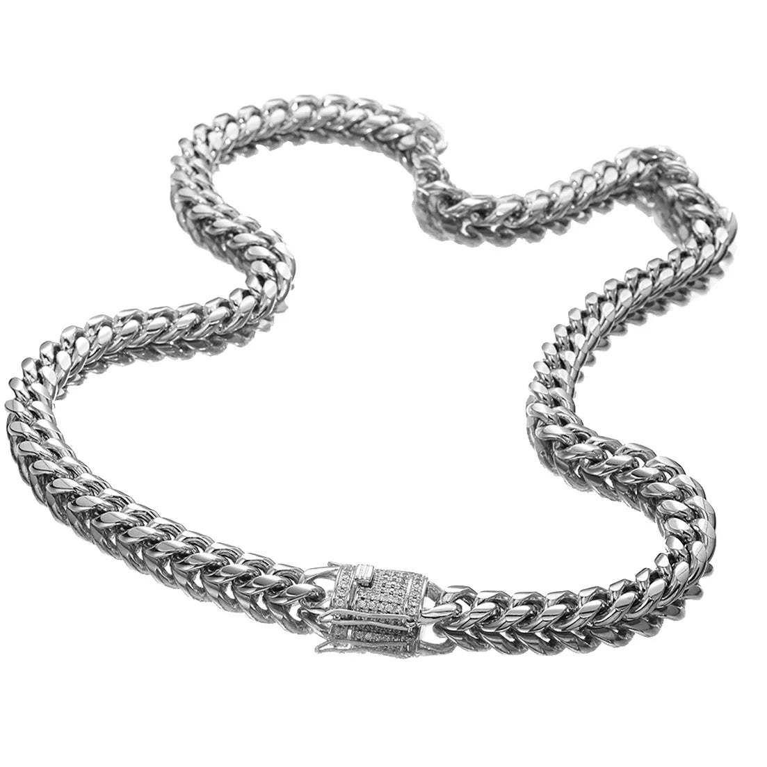 Hip Hop Miami Silver Stainless Steel Iced Clasp Link Chain-Cuban Cadena Cubana Men's Necklace Zircon Pearl Main Stones Gift