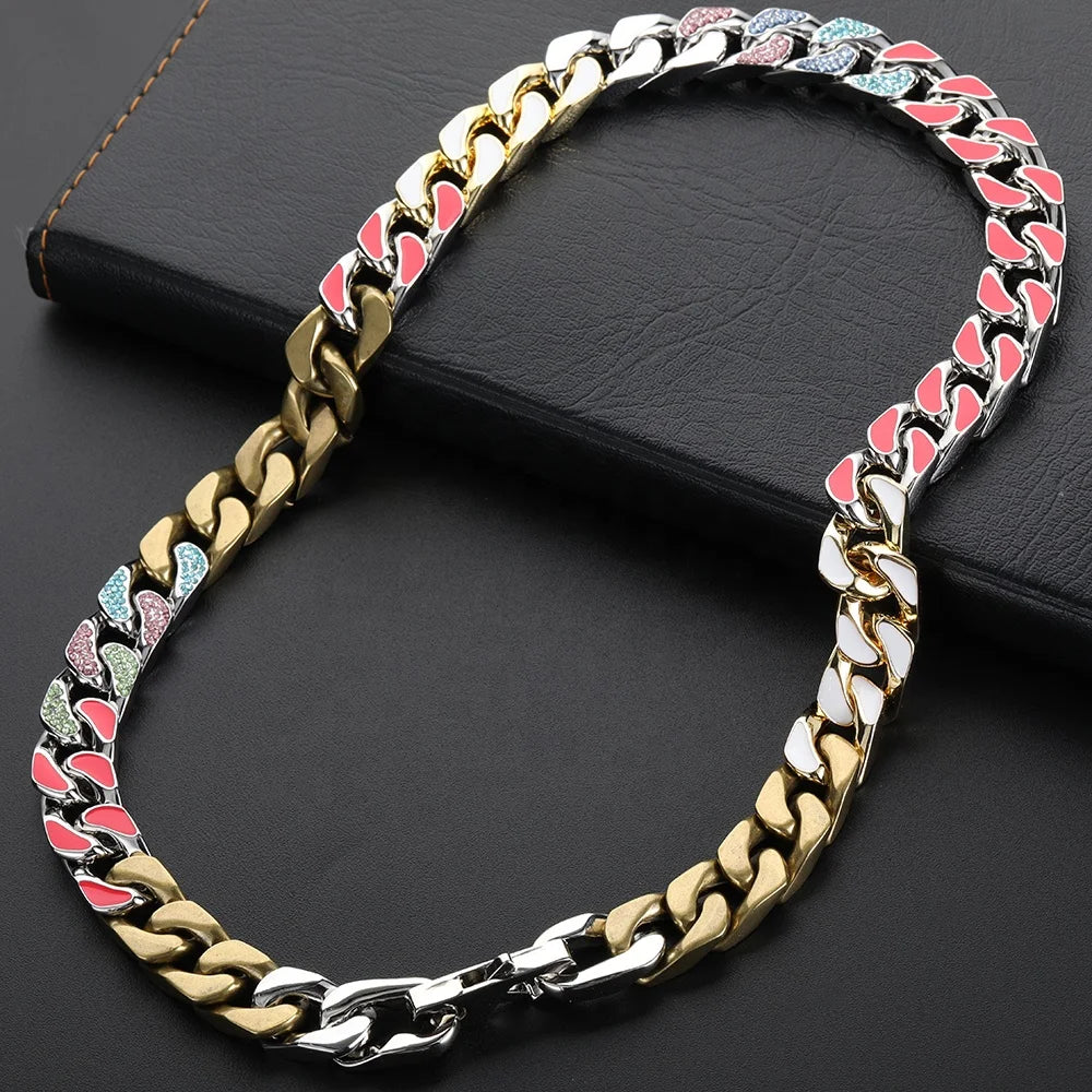 Veromca Hip Hop Men Cuban Necklace Colorful Diamond Chain Four Sided Polished Copper Necklace