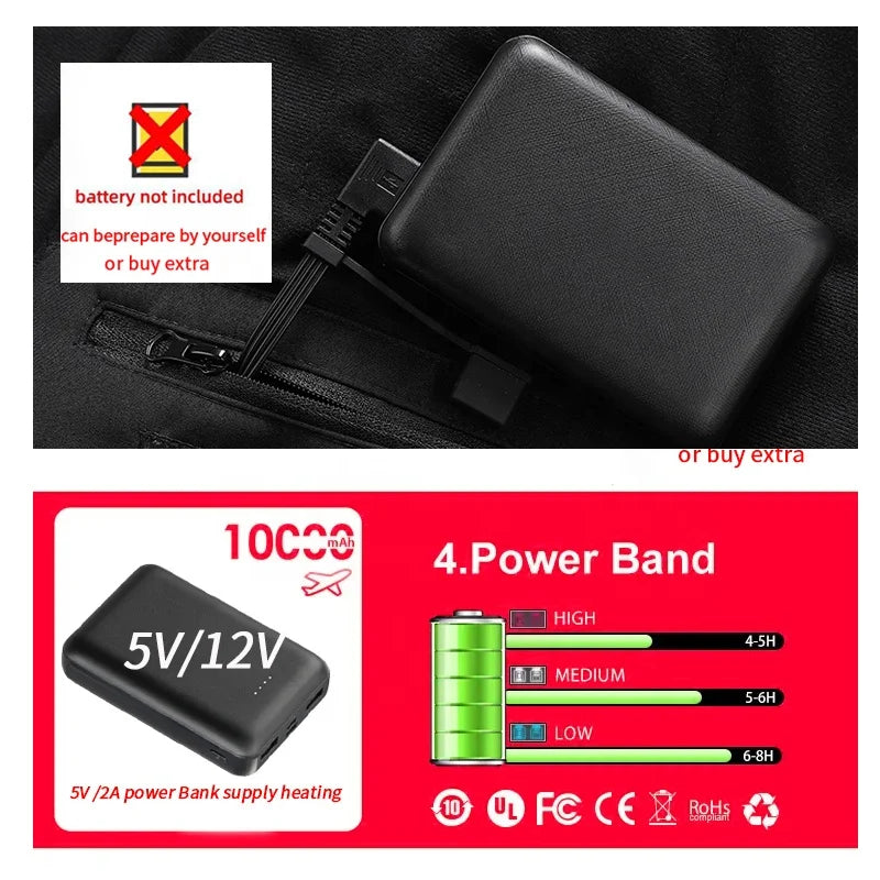 Winter Heating Warm Clothes Plus Size 100% Polyester Outdoor Windbreaker Black Long Coat USB Recharge Heated Jacket for Men