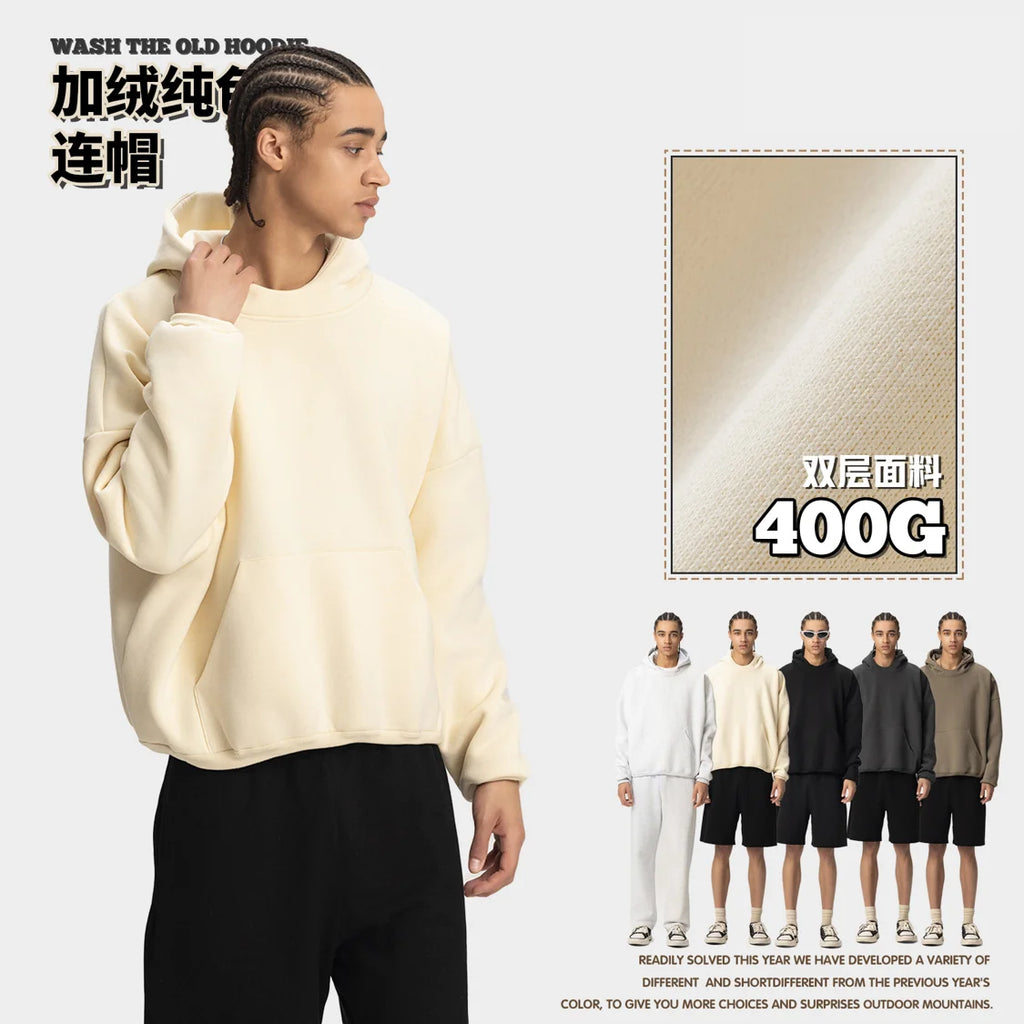 400g Men's Women's Cotton Plus Short Wide Profile Double-layer Hoodie Men Women Solid Color Streetwear Winter Ropa Hombre 0001