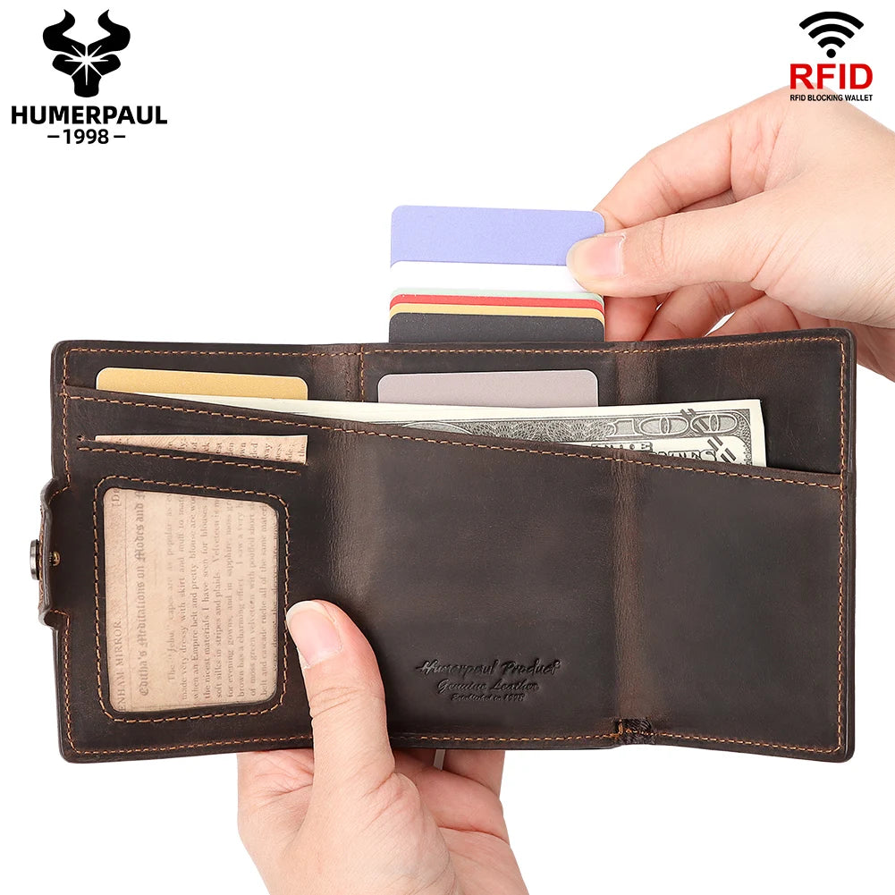 HUMERPAUL Cowhide Aluminum Pop up RFID Credit Card Holder Wallet for Men Women  Crazy Horse Leather Wallet with Zip Coin Purse