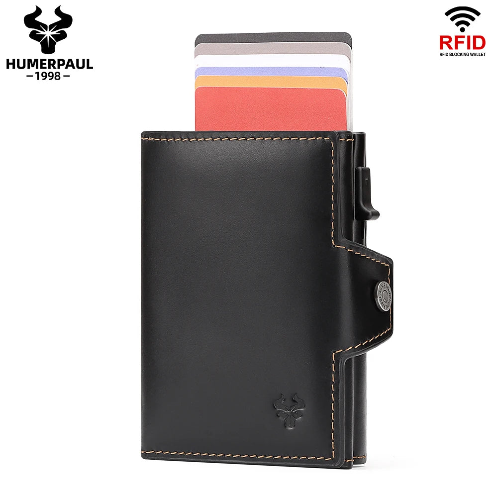 HUMERPAUL Cowhide Aluminum Pop up RFID Credit Card Holder Wallet for Men Women  Crazy Horse Leather Wallet with Zip Coin Purse