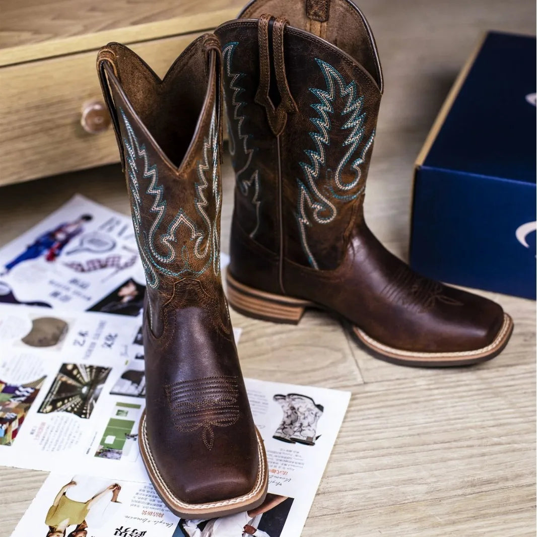 Mens Western Cowboy Boots Fashionable Embroidered British Knight Chelsea Riding Leather Boots No Steel Toe Safety Shoes