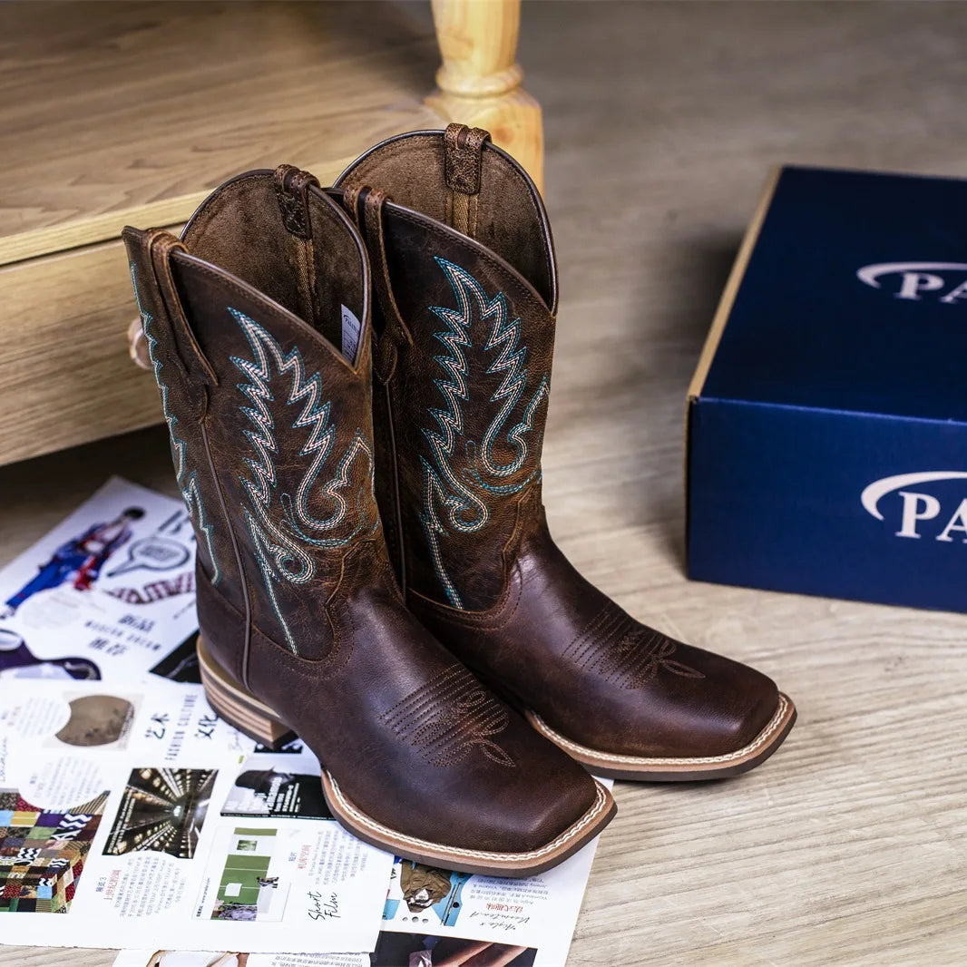 Mens Western Cowboy Boots Fashionable Embroidered British Knight Chelsea Riding Leather Boots No Steel Toe Safety Shoes