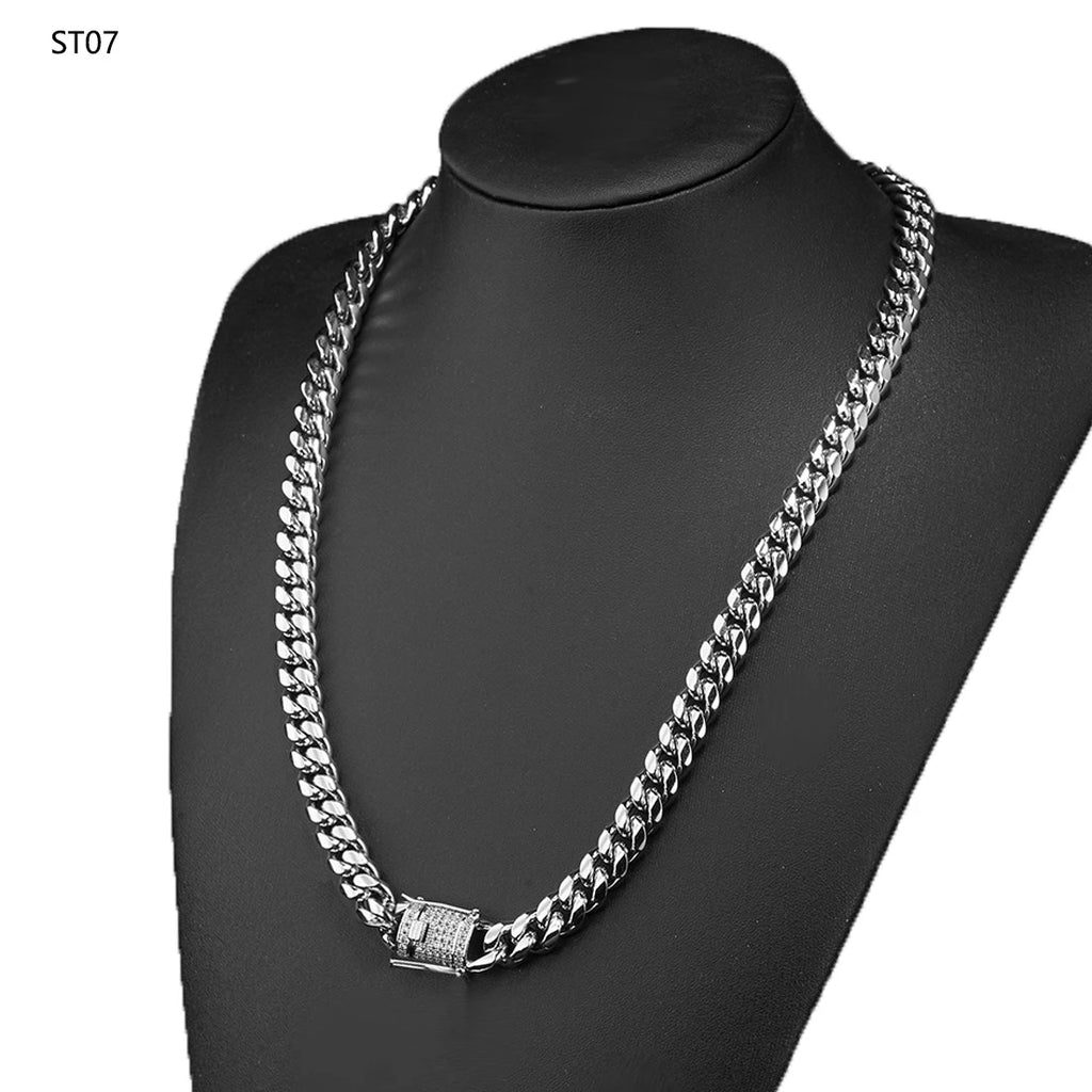 Hip Hop Miami Silver Stainless Steel Iced Clasp Link Chain-Cuban Cadena Cubana Men's Necklace Zircon Pearl Main Stones Gift