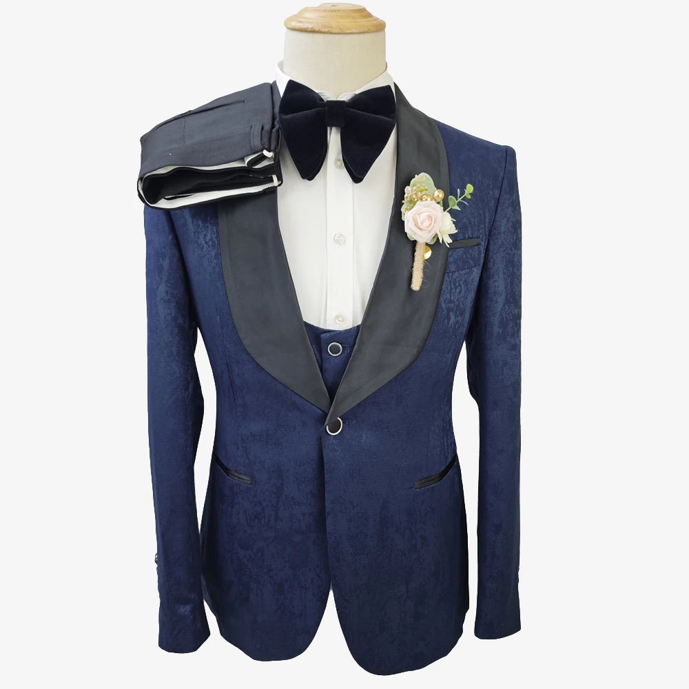 Navy Blue Slim Fit One Button Tuxedo Groomsmen Two Slits Business Men Suits 3 Piece Groom Printing Wedding Suits for Men MS3218