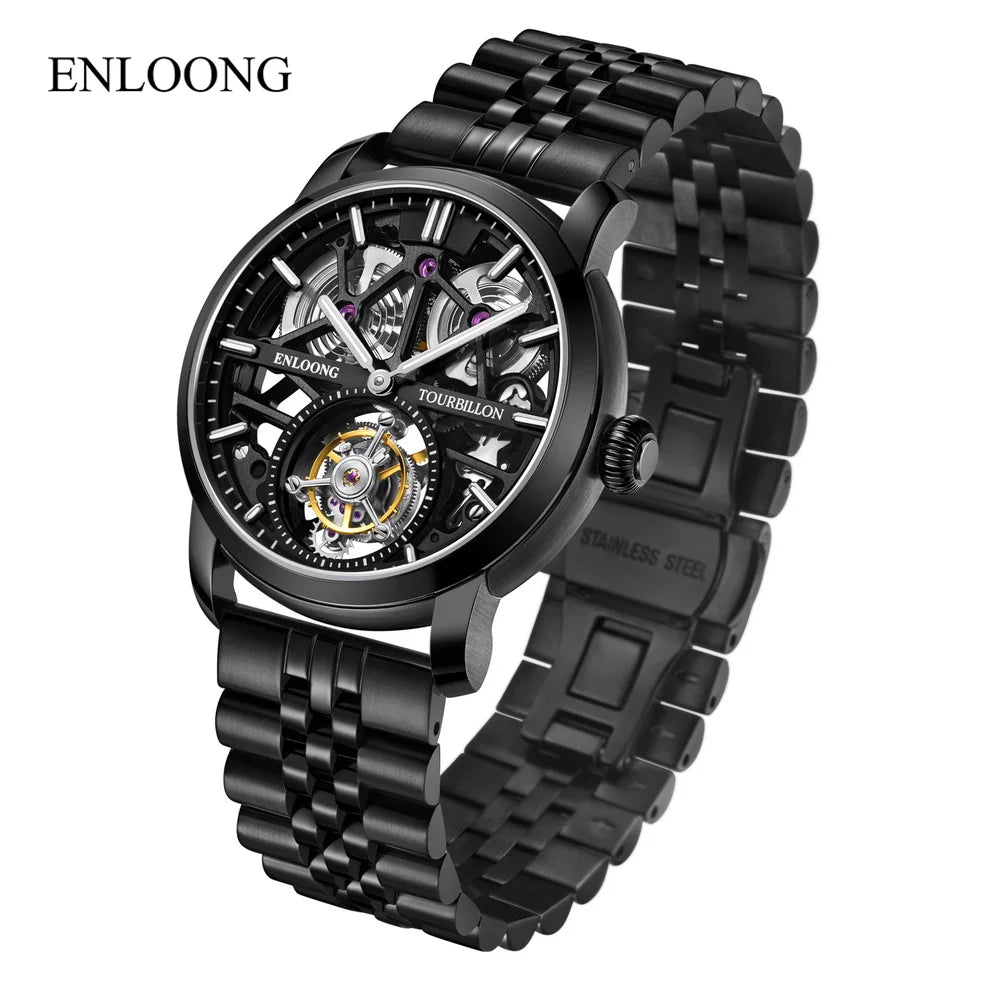 ENLOONG Skeleton Watch Men's Sapphire Luxury Tourbillon Watch Mechanical Wristwatches 316L Stainless Steel Watch