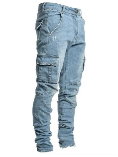 Men's Trendy Washed High Street Side Pocket Jeans Print Pattern Summer Trousers Belt Trendy Washed Tight Denim Pants