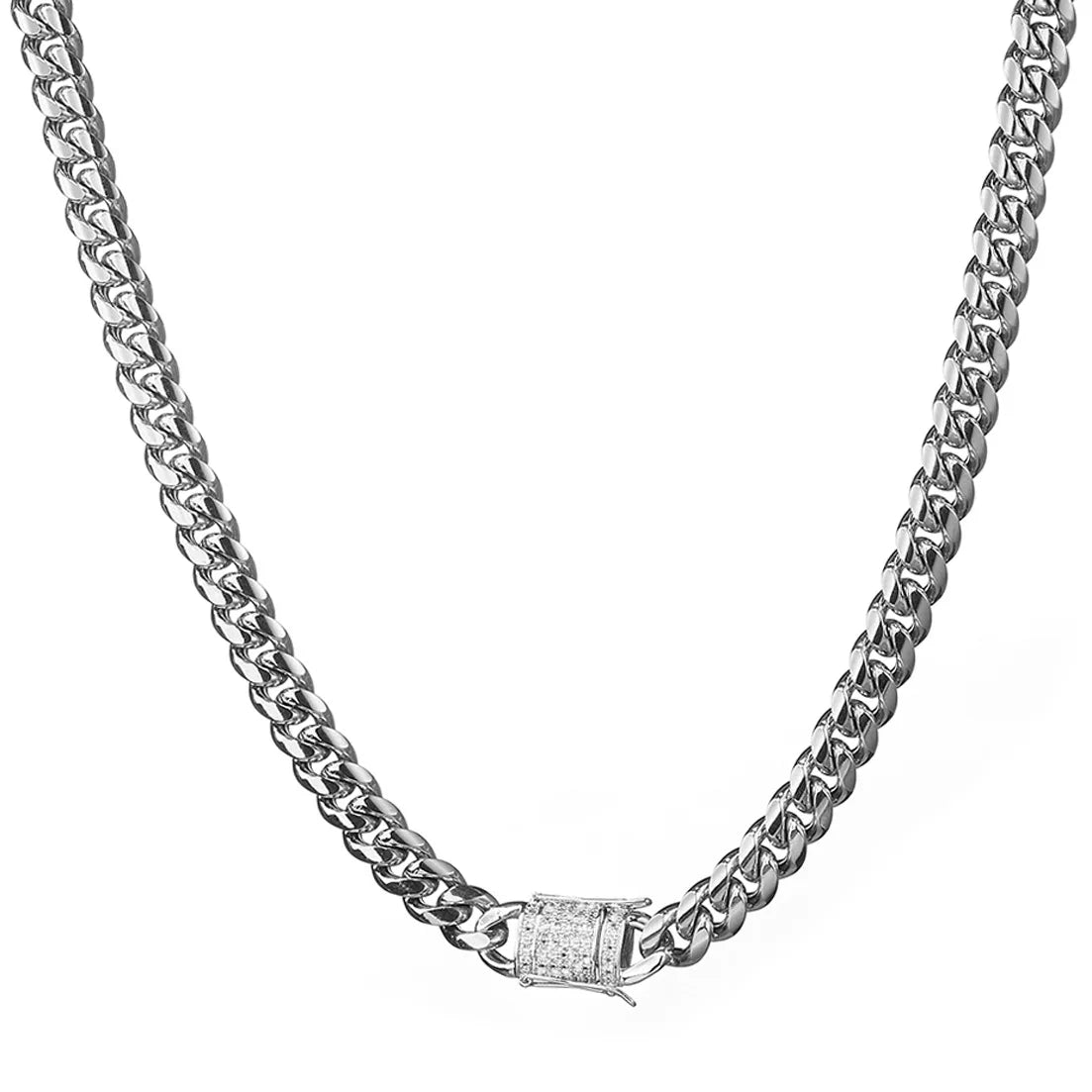 Hip Hop Miami Silver Stainless Steel Iced Clasp Link Chain-Cuban Cadena Cubana Men's Necklace Zircon Pearl Main Stones Gift