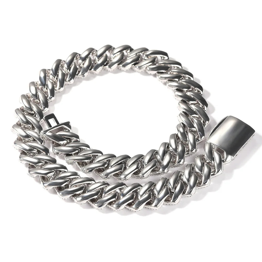 Trendy Rhodium Bling 18k Real Gold Plated Zircon Iced Brass Hiphop Jewelry 19mm Heavy Prong Cuban Link Chains