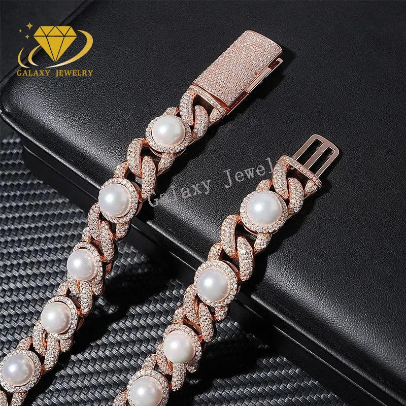 Hiphop Pearl Necklace 925 Silver Moissanite Spiked Pearl Cuban Chain Gold Plated Moissanite Miami Cuban Link