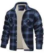 Julian's Menswear S Blue Men's Plaid Design Fleece-Lined Lapel Jacket- Classic Single-Breasted Winter Warmth