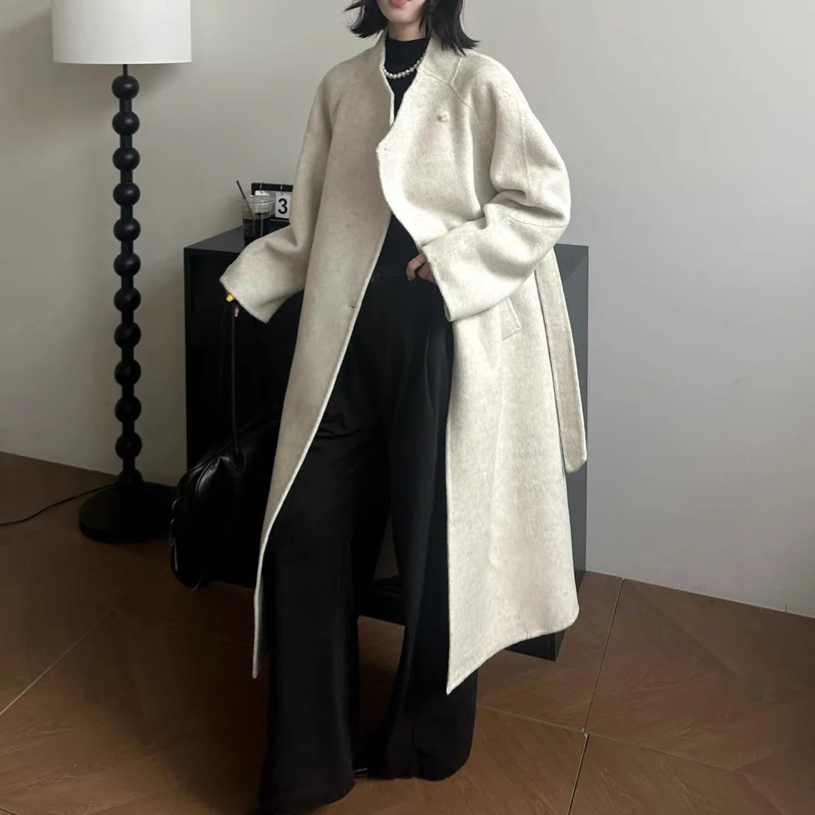 AIMEISI High End Elegant Warm 70% Wool Oblique Collar Long Trench Cashmere Coats for Women Winter Coat
