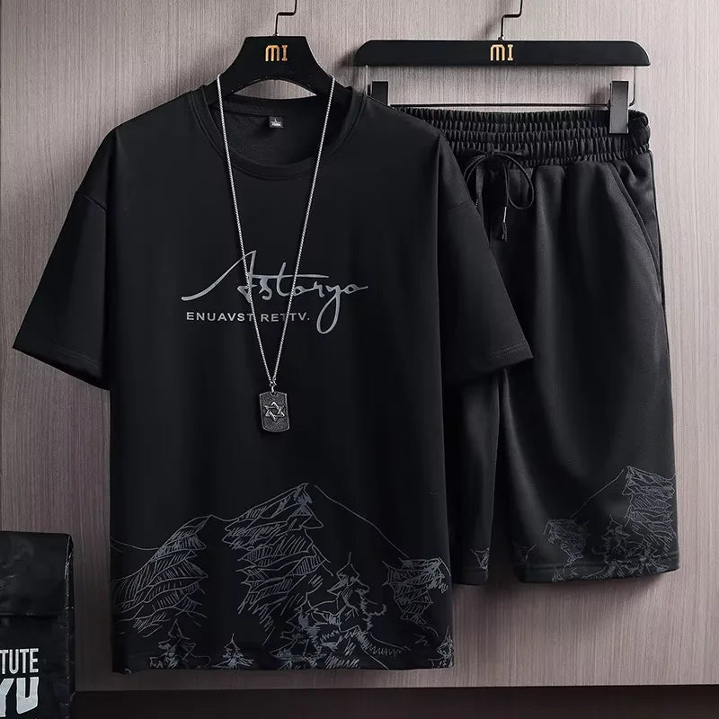 Hot Selling Men's Summer T-shirt Suit Casual Thin Print Sports Jogger Short Sleeve Top Shorts 2 Piece Set