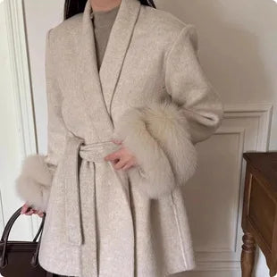 AIMEISI High End Elegant Warm 70% Wool Oblique Collar Long Trench Cashmere Coats for Women Winter Coat