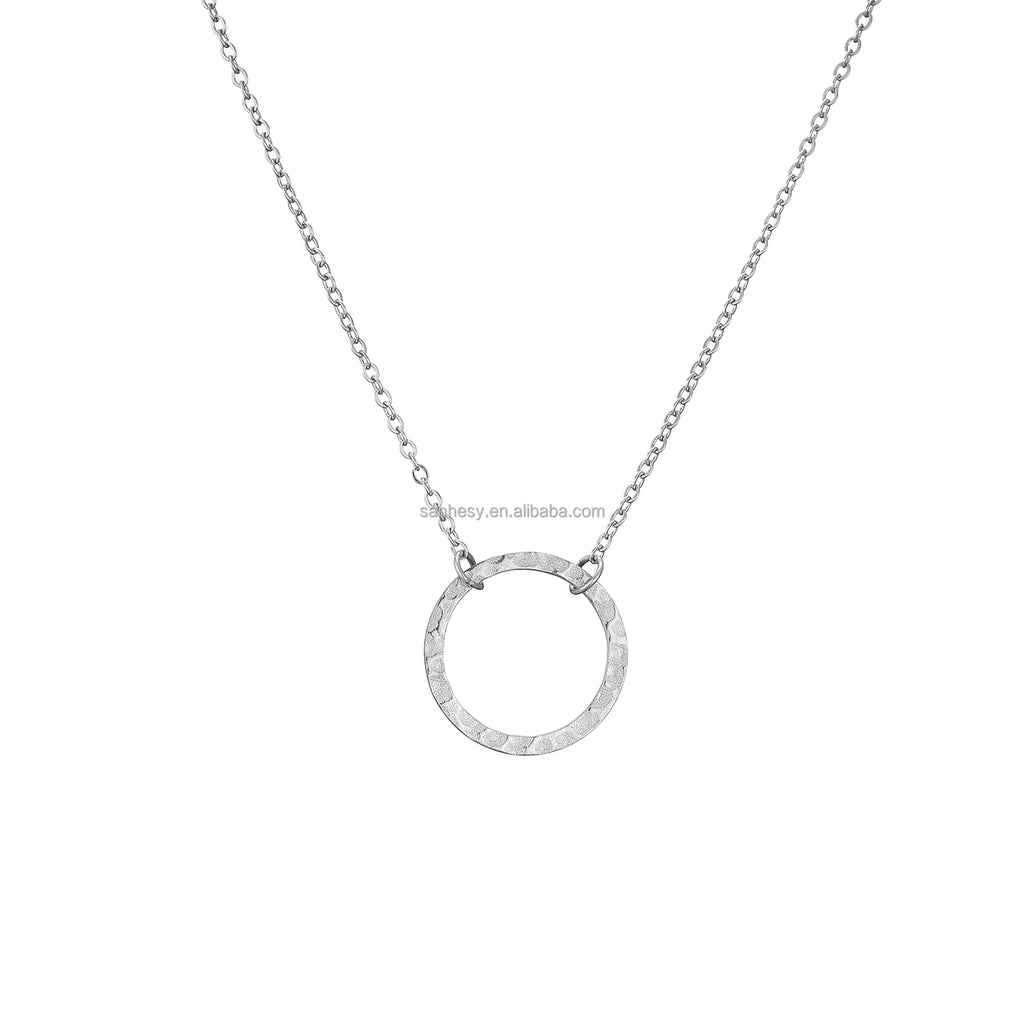 Wholesale Fashionable Jewelry Simple 14K Gold Plated Disc Charm Circle Hammered 316L Stainless Steel Chain Necklace for Women