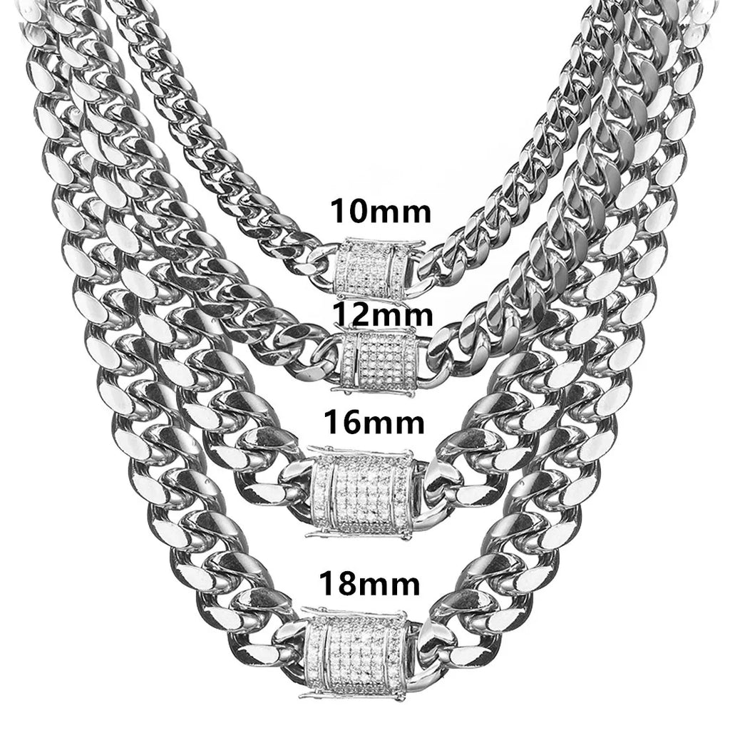Hip Hop Miami Silver Stainless Steel Iced Clasp Link Chain-Cuban Cadena Cubana Men's Necklace Zircon Pearl Main Stones Gift