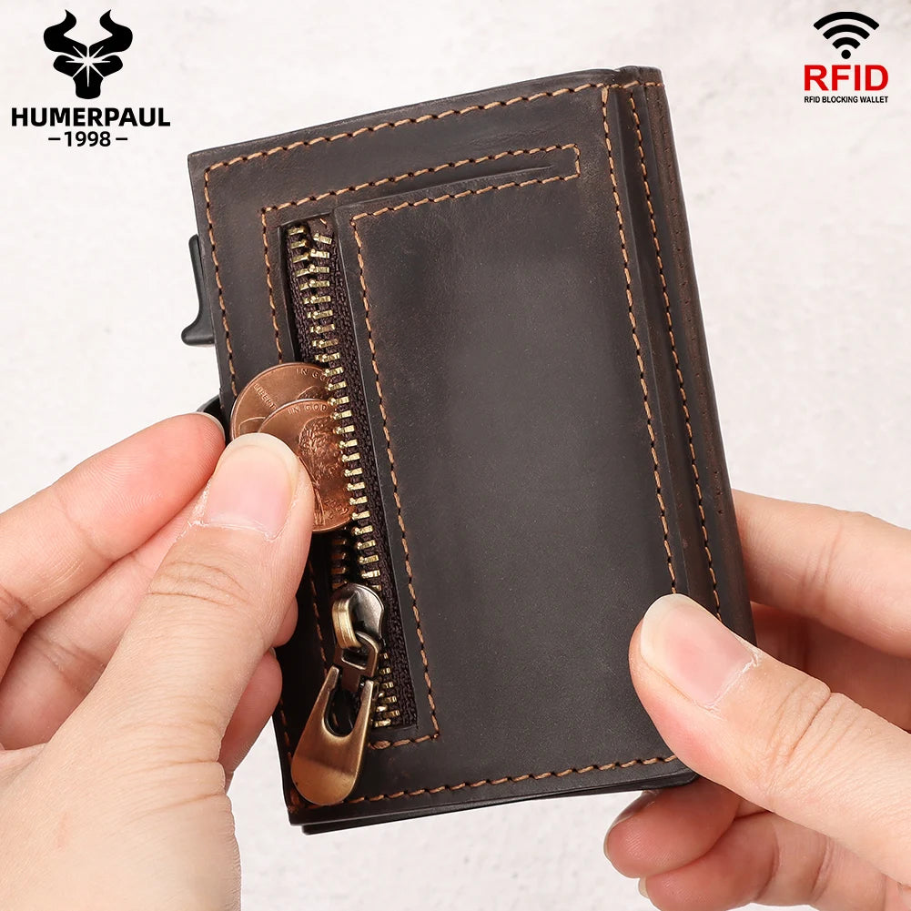 HUMERPAUL Cowhide Aluminum Pop up RFID Credit Card Holder Wallet for Men Women  Crazy Horse Leather Wallet with Zip Coin Purse