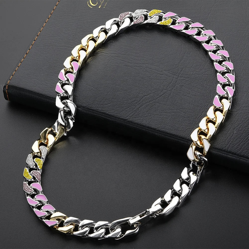 Veromca Hip Hop Men Cuban Necklace Colorful Diamond Chain Four Sided Polished Copper Necklace