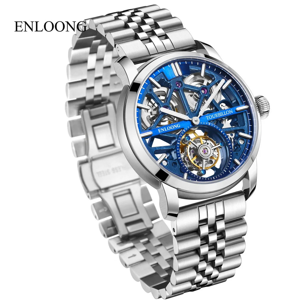 ENLOONG Skeleton Watch Men's Sapphire Luxury Tourbillon Watch Mechanical Wristwatches 316L Stainless Steel Watch