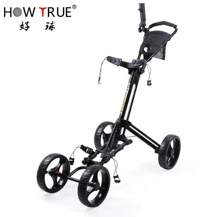 Newest Small Folding Four Eva Foam Wheels Golf Push Pull Cart High Quality Aluminum Black Golf Trolley for Driving Range