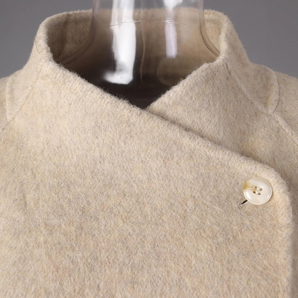 AIMEISI High End Elegant Warm 70% Wool Oblique Collar Long Trench Cashmere Coats for Women Winter Coat