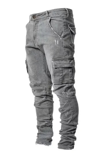 Men's Trendy Washed High Street Side Pocket Jeans Print Pattern Summer Trousers Belt Trendy Washed Tight Denim Pants