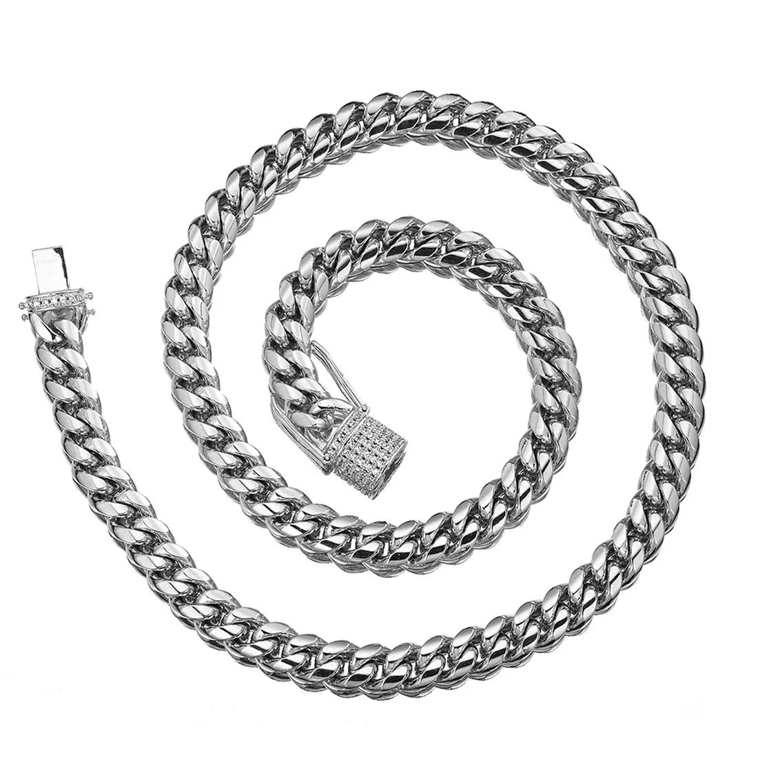 Hip Hop Miami Silver Stainless Steel Iced Clasp Link Chain-Cuban Cadena Cubana Men's Necklace Zircon Pearl Main Stones Gift