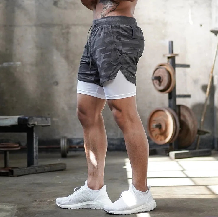 Men Gym Double Layer Mesh Shorts Pockets Quick Dry Breathable Workout Training Jogging Men's Shorts