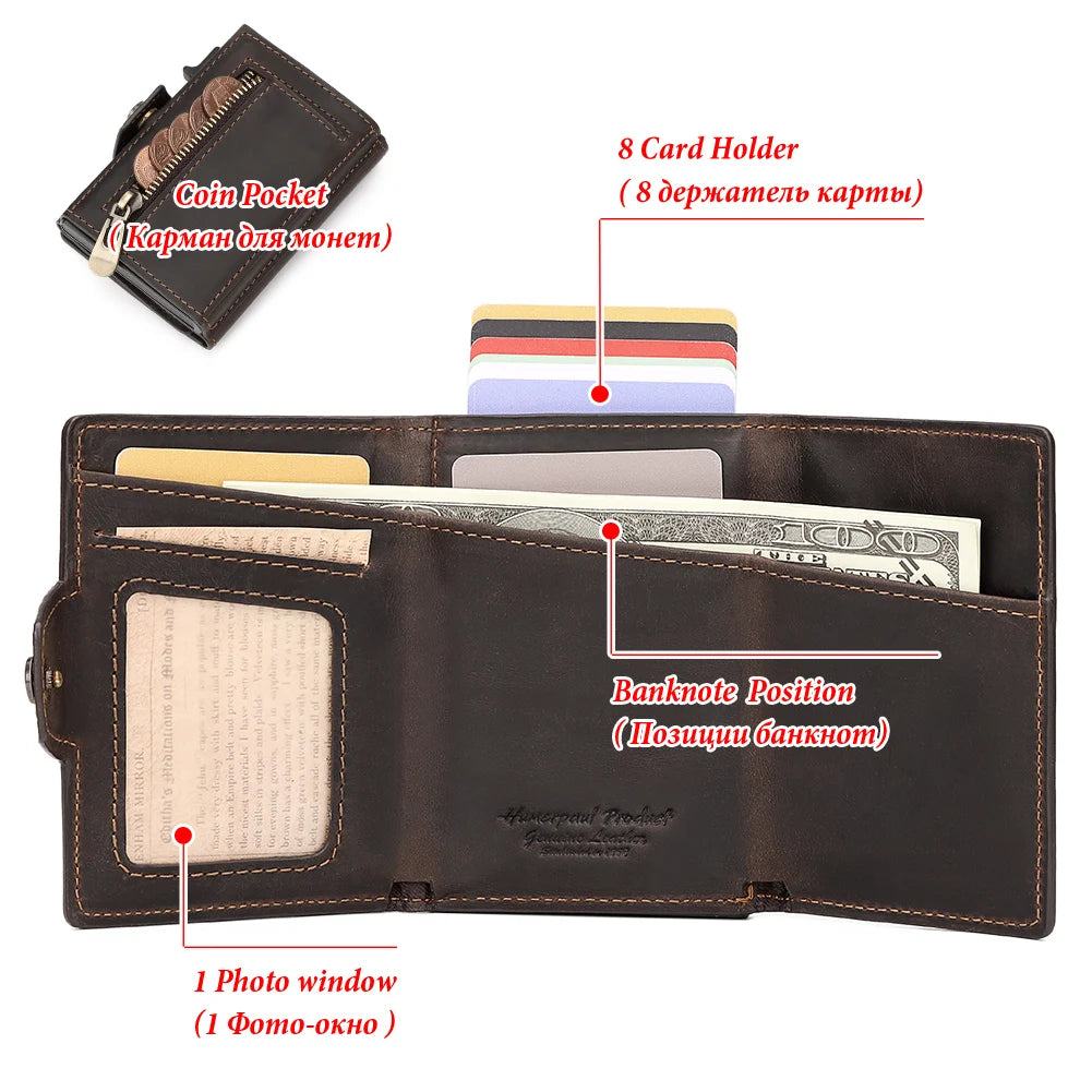 HUMERPAUL Cowhide Aluminum Pop up RFID Credit Card Holder Wallet for Men Women  Crazy Horse Leather Wallet with Zip Coin Purse
