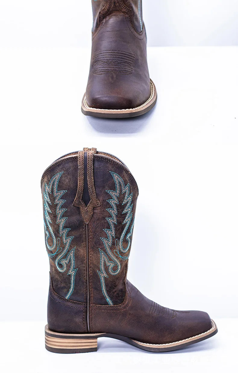 Mens Western Cowboy Boots Fashionable Embroidered British Knight Chelsea Riding Leather Boots No Steel Toe Safety Shoes