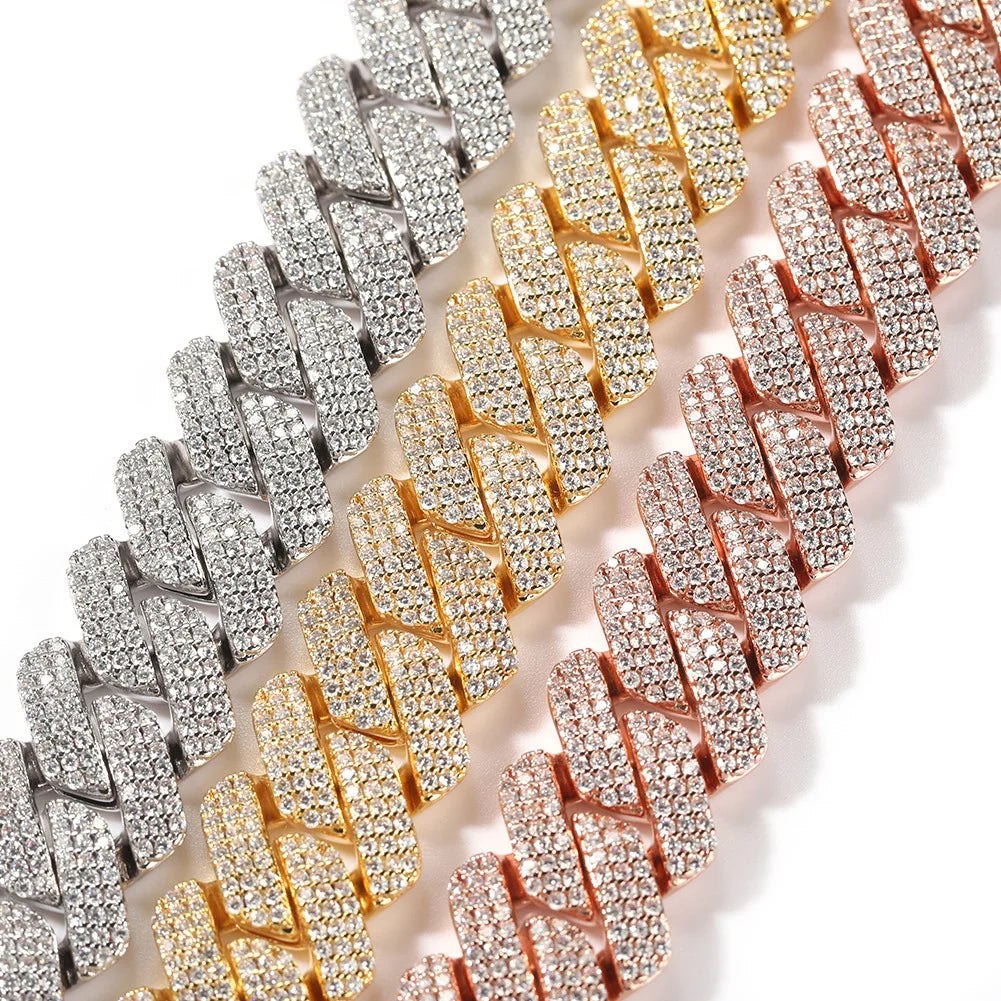 Trendy Rhodium Bling 18k Real Gold Plated Zircon Iced Brass Hiphop Jewelry 19mm Heavy Prong Cuban Link Chains