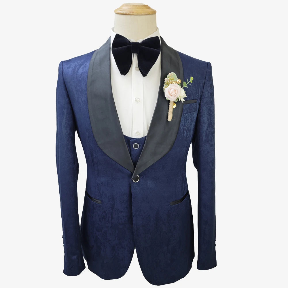 Navy Blue Slim Fit One Button Tuxedo Groomsmen Two Slits Business Men Suits 3 Piece Groom Printing Wedding Suits for Men MS3218