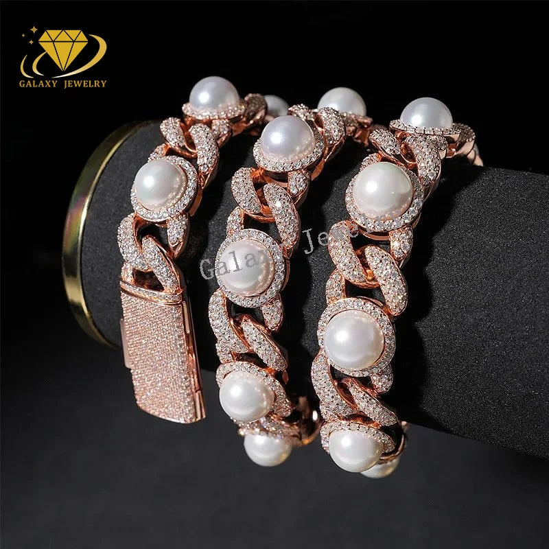 Hiphop Pearl Necklace 925 Silver Moissanite Spiked Pearl Cuban Chain Gold Plated Moissanite Miami Cuban Link