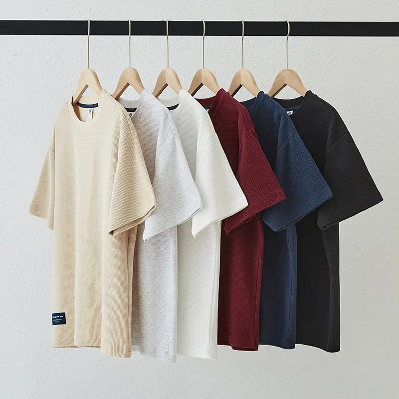 280G Waffle Knit Men's T-Shirt | Custom Logo Summer Loose Fit Retro American Heavyweight Crew Neck Tees