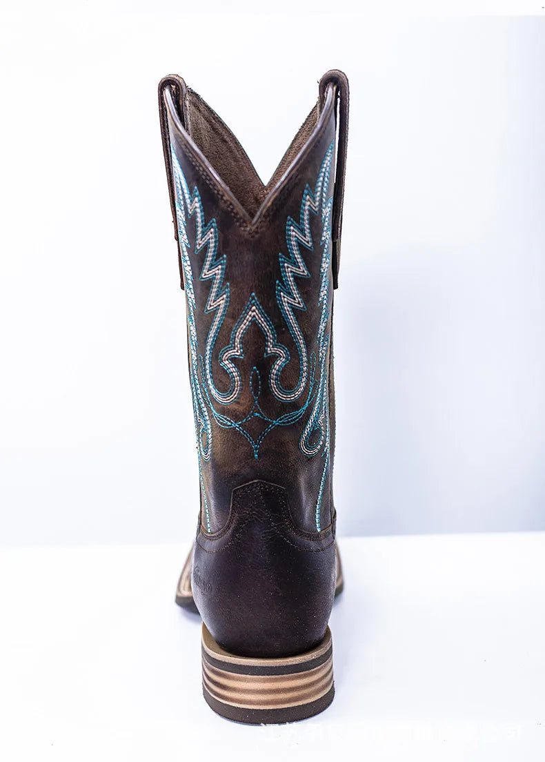 Mens Western Cowboy Boots Fashionable Embroidered British Knight Chelsea Riding Leather Boots No Steel Toe Safety Shoes