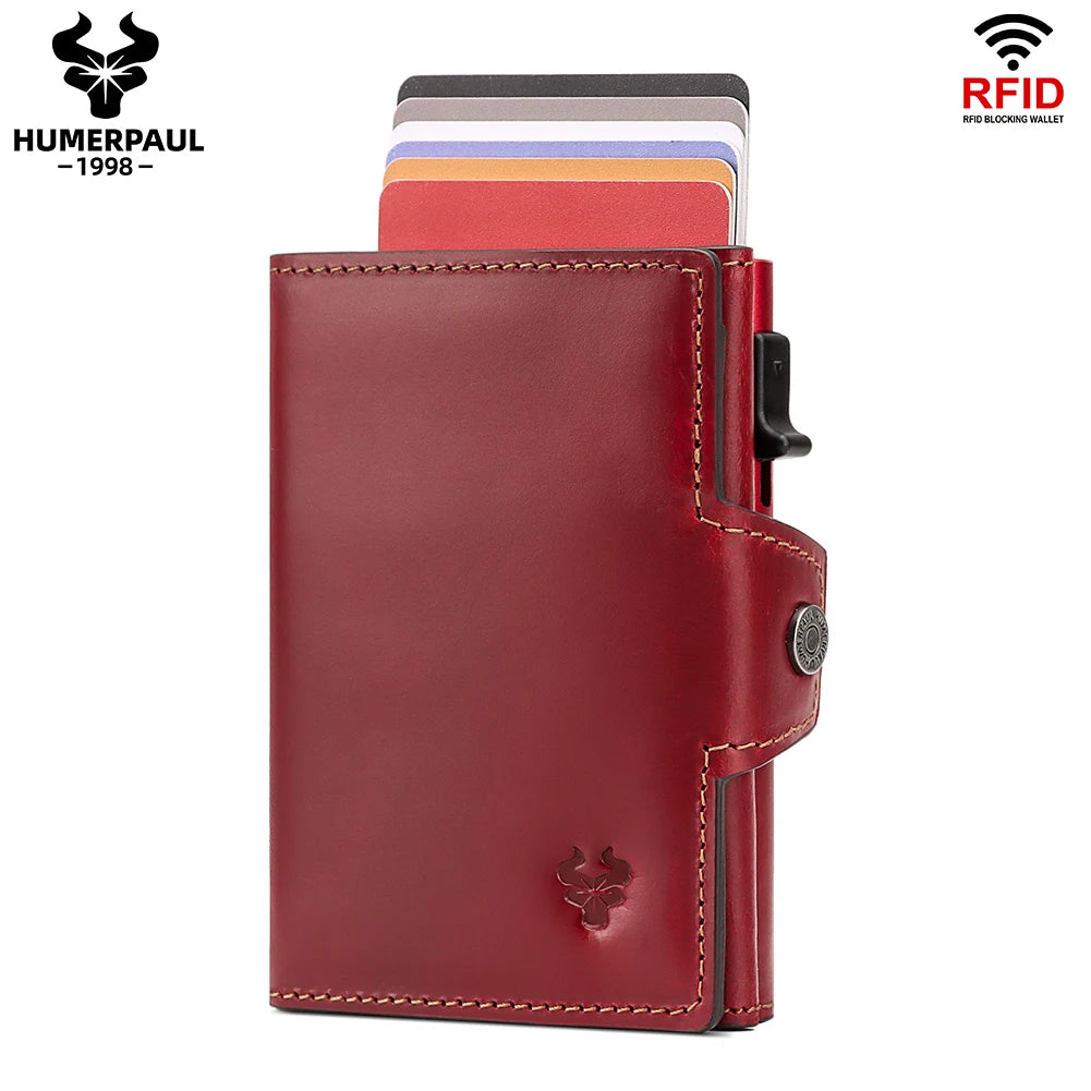 HUMERPAUL Cowhide Aluminum Pop up RFID Credit Card Holder Wallet for Men Women  Crazy Horse Leather Wallet with Zip Coin Purse