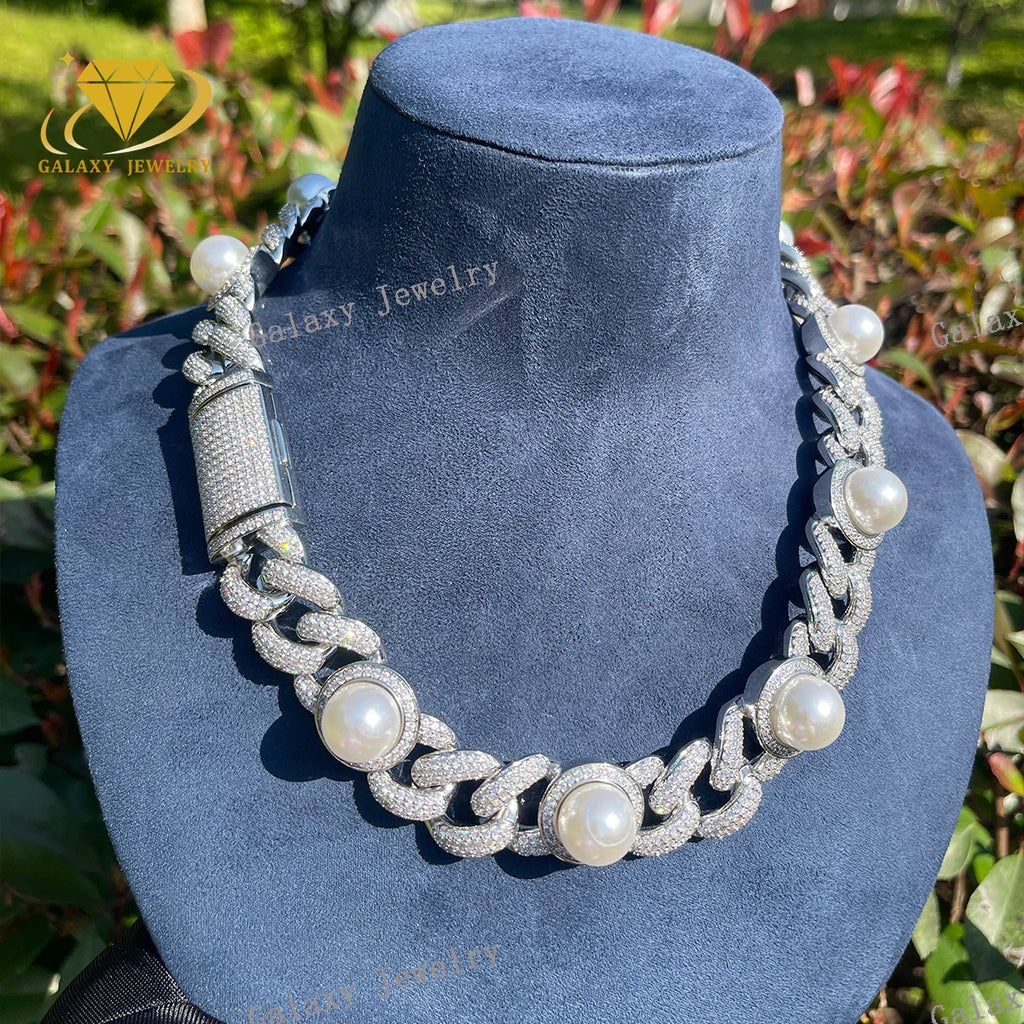Hiphop Pearl Necklace 925 Silver Moissanite Spiked Pearl Cuban Chain Gold Plated Moissanite Miami Cuban Link