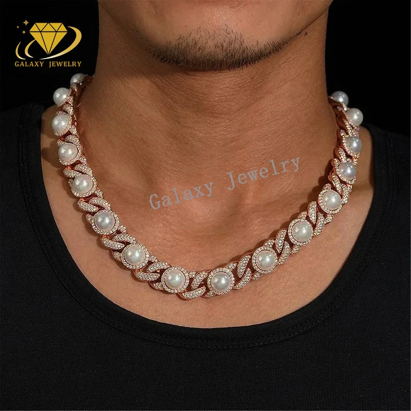 Hiphop Pearl Necklace 925 Silver Moissanite Spiked Pearl Cuban Chain Gold Plated Moissanite Miami Cuban Link