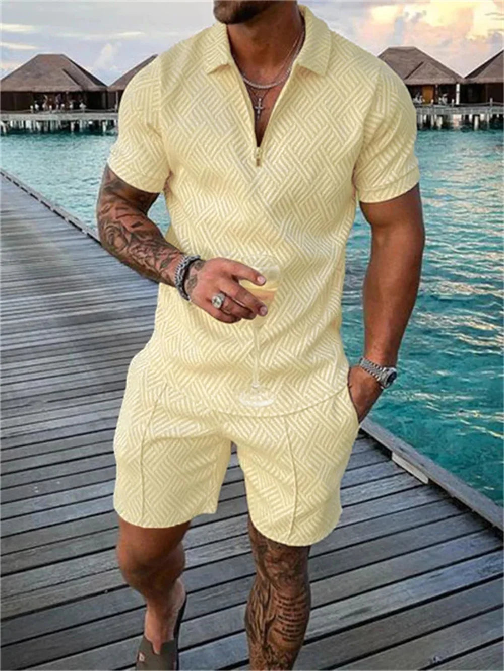 Wholesale Casual Shirt Set Summer Printed Short-sleeved Shirt Shorts Set Men Polo Shirt Set