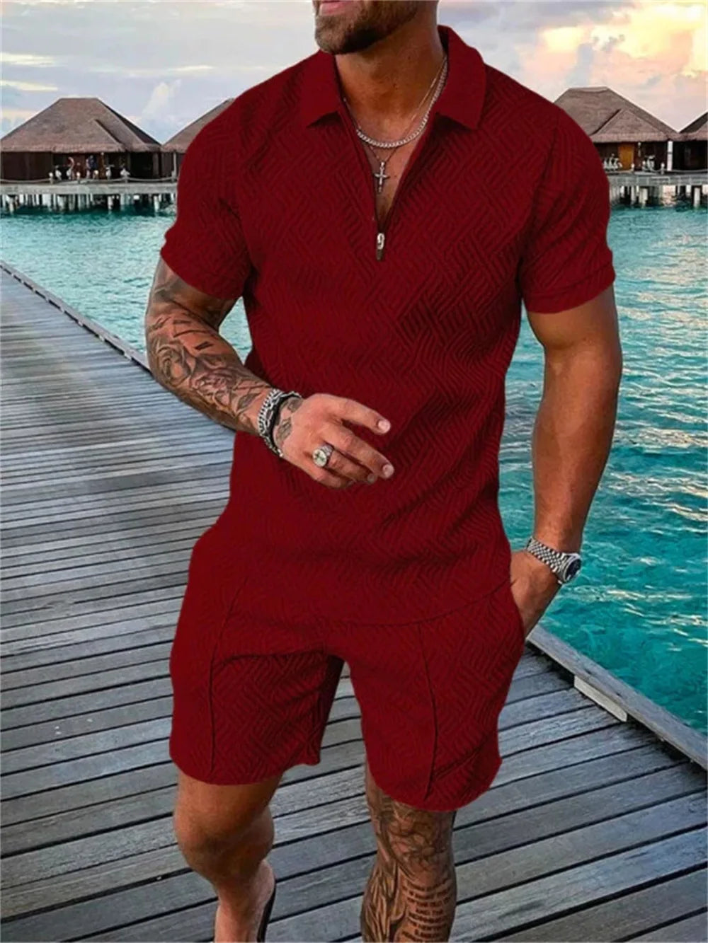 Wholesale Casual Shirt Set Summer Printed Short-sleeved Shirt Shorts Set Men Polo Shirt Set