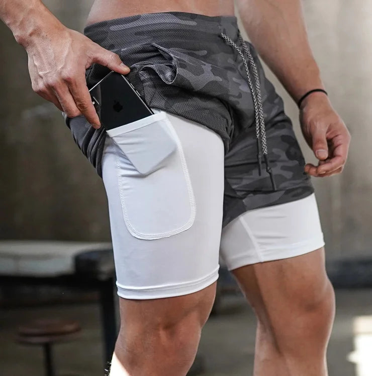 Men Gym Double Layer Mesh Shorts Pockets Quick Dry Breathable Workout Training Jogging Men's Shorts