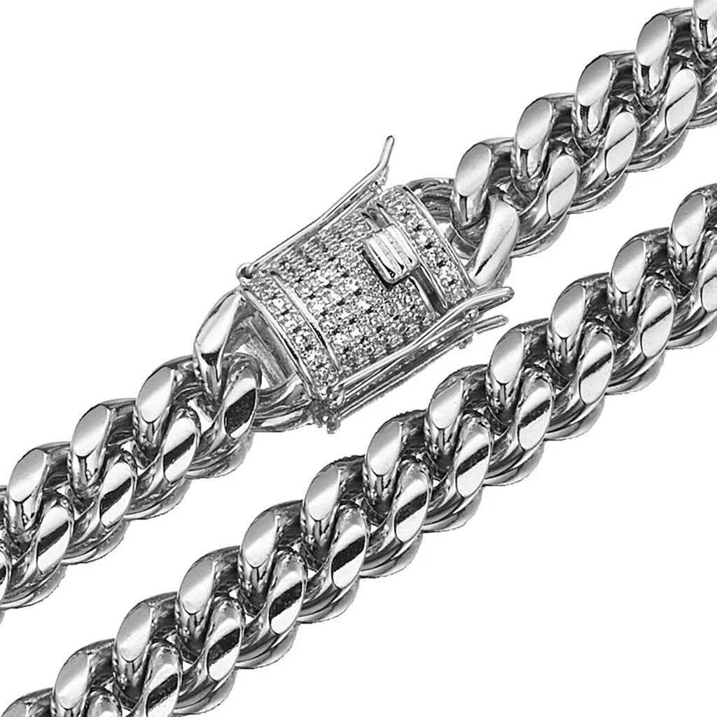 Hip Hop Miami Silver Stainless Steel Iced Clasp Link Chain-Cuban Cadena Cubana Men's Necklace Zircon Pearl Main Stones Gift