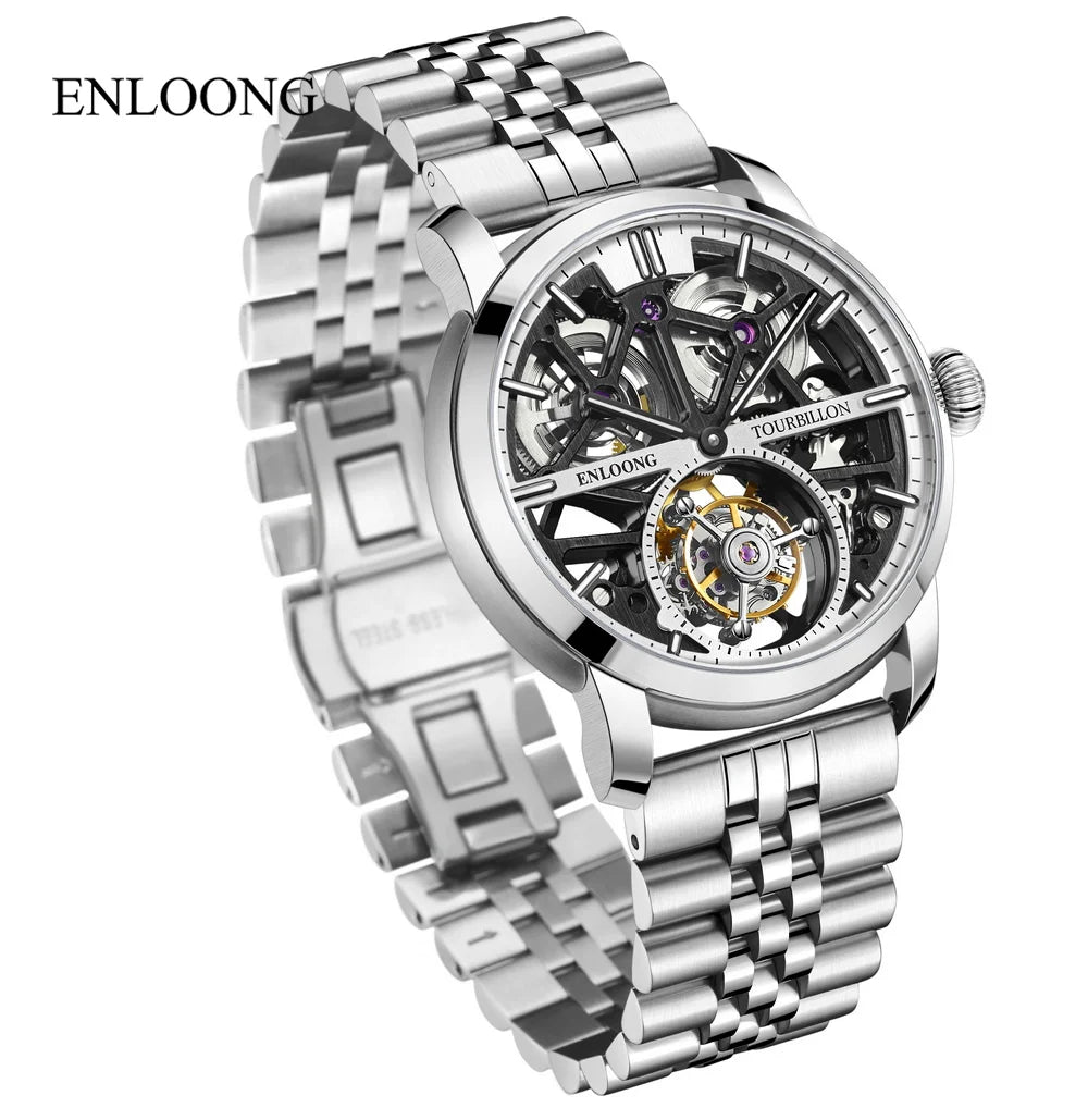 ENLOONG Skeleton Watch Men's Sapphire Luxury Tourbillon Watch Mechanical Wristwatches 316L Stainless Steel Watch