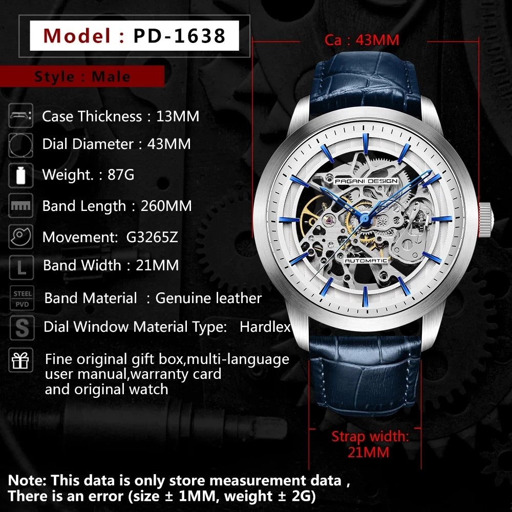 PAGANI DESIGN Mens Watch Skeleton Hollow Mechanical Watch Wrist Luxury Automatic Watches for Men Chronograph High Quality Clock