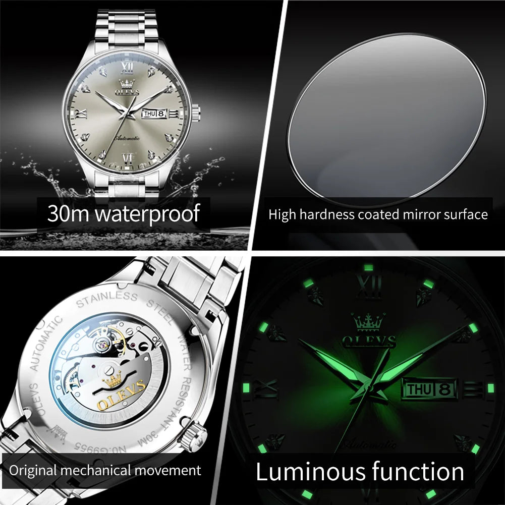 OLEVS 9955 Men's Automatic Mechanical Watch - Luxury Stainless Steel Waterproof Business Watch