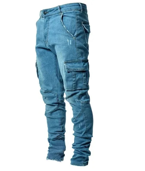 Men's Trendy Washed High Street Side Pocket Jeans Print Pattern Summer Trousers Belt Trendy Washed Tight Denim Pants