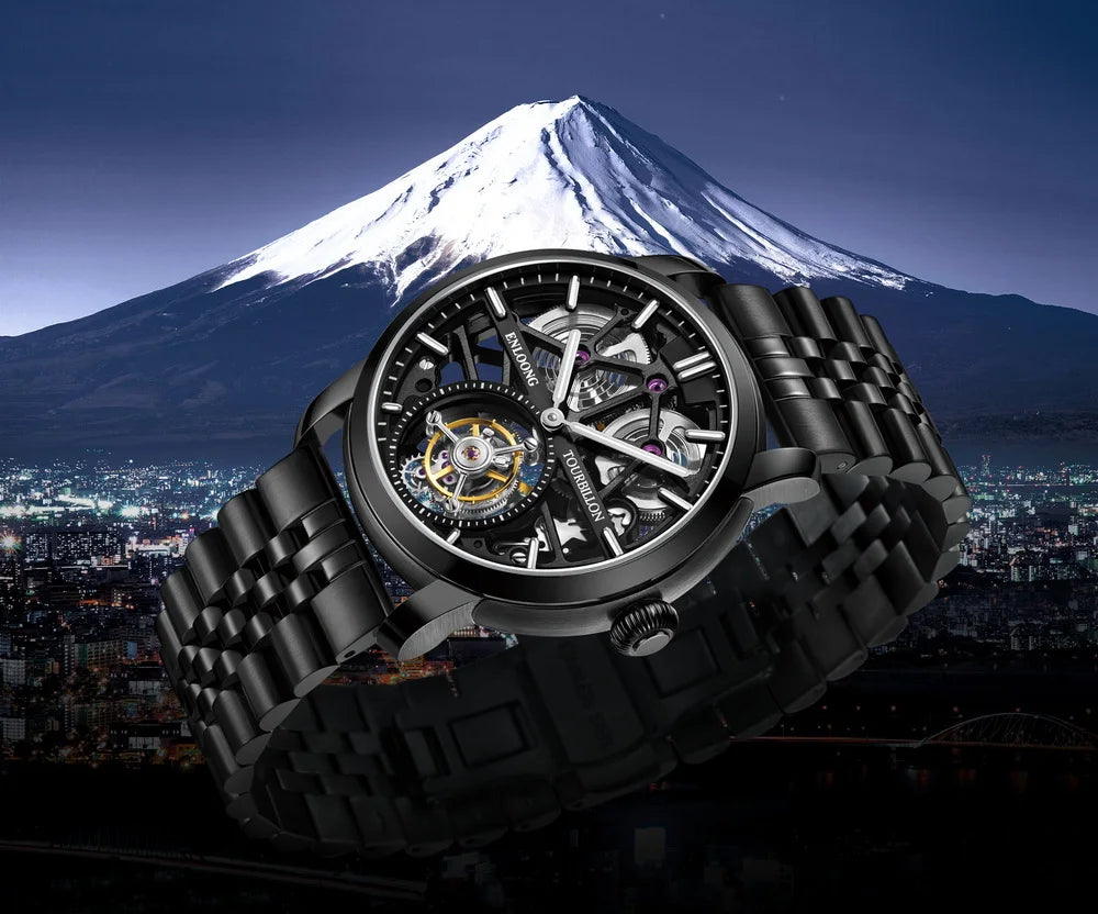 ENLOONG Skeleton Watch Men's Sapphire Luxury Tourbillon Watch Mechanical Wristwatches 316L Stainless Steel Watch