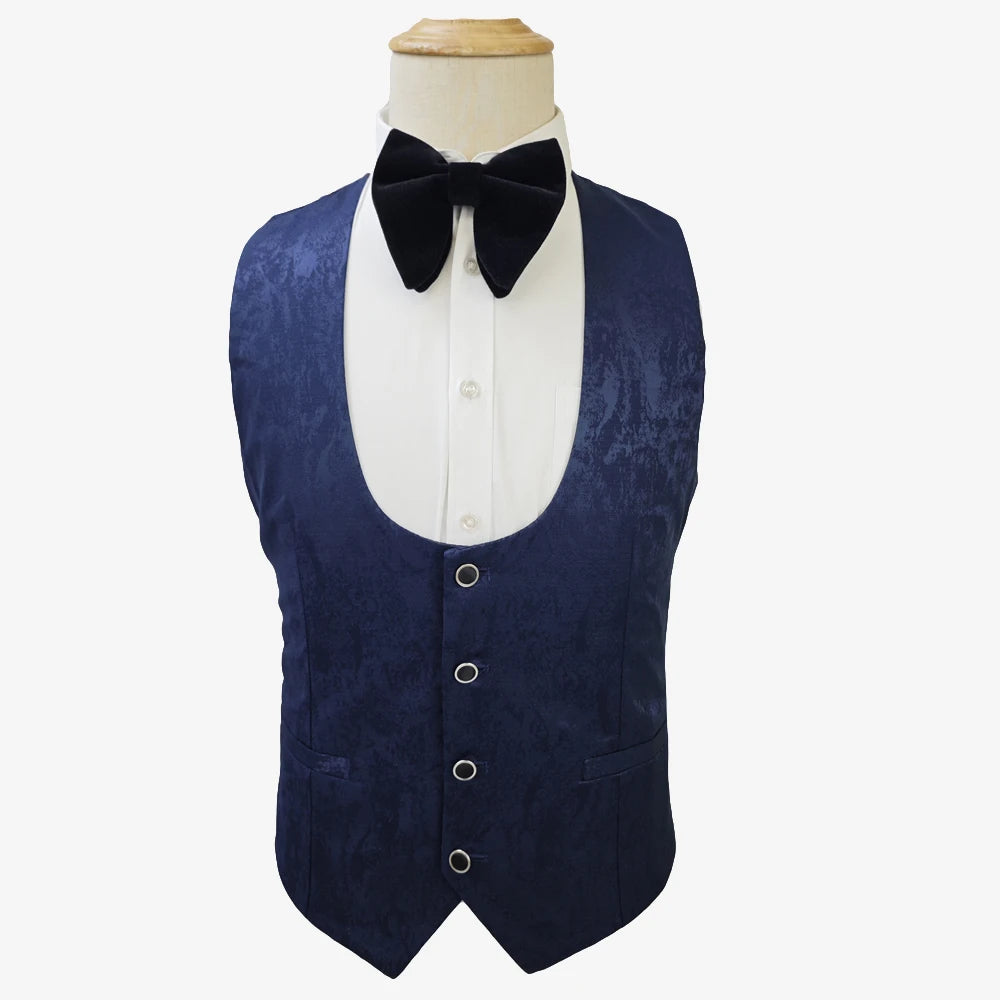 Navy Blue Slim Fit One Button Tuxedo Groomsmen Two Slits Business Men Suits 3 Piece Groom Printing Wedding Suits for Men MS3218