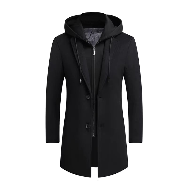 Julian's Menswear M Black Men's Hooded Detachable Wool Overcoat